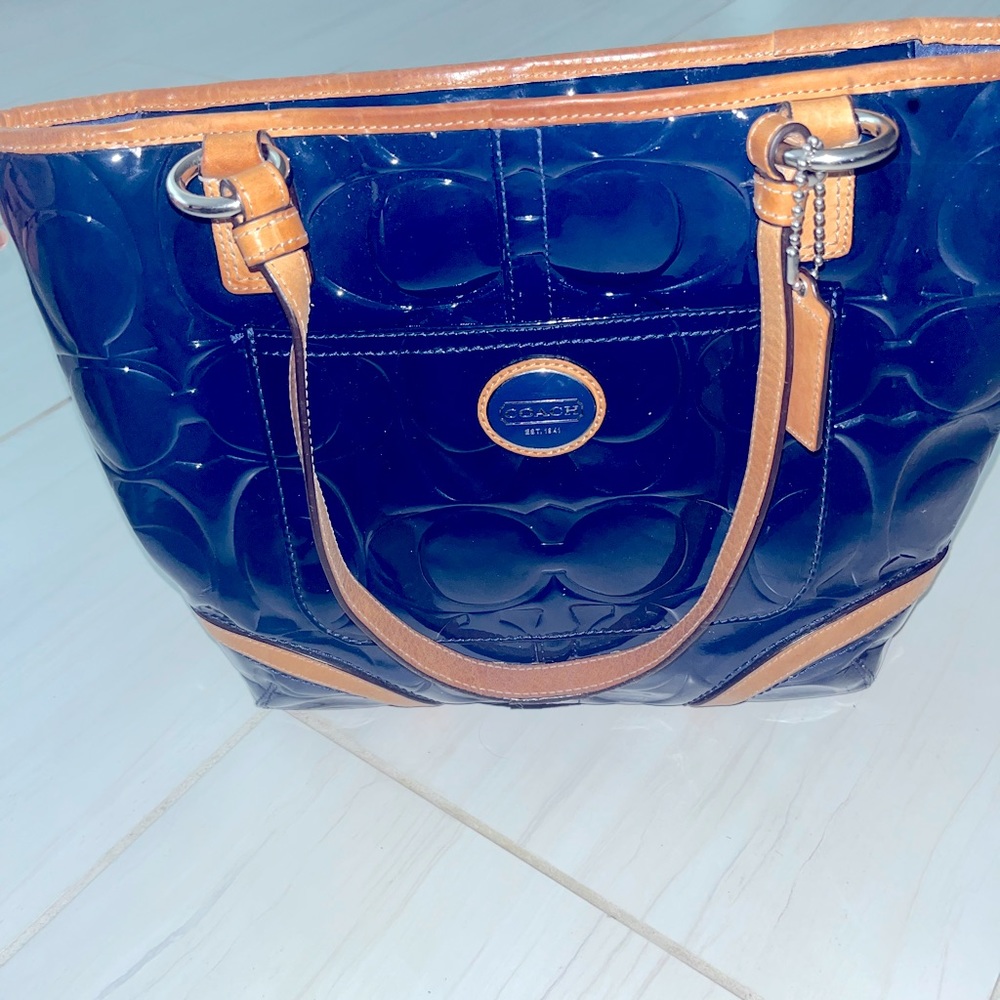 Coach- Embossed Monogram Blue Leather Tote Bag